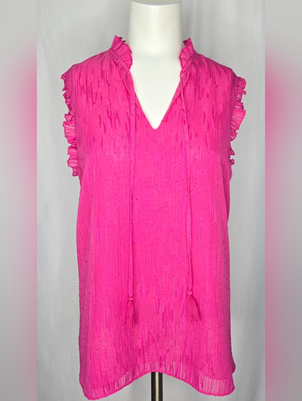 JOIE Hot Pink Shimmer Flutter Sleeve Tie Neck Layered Blouse Size L‎ NWOT